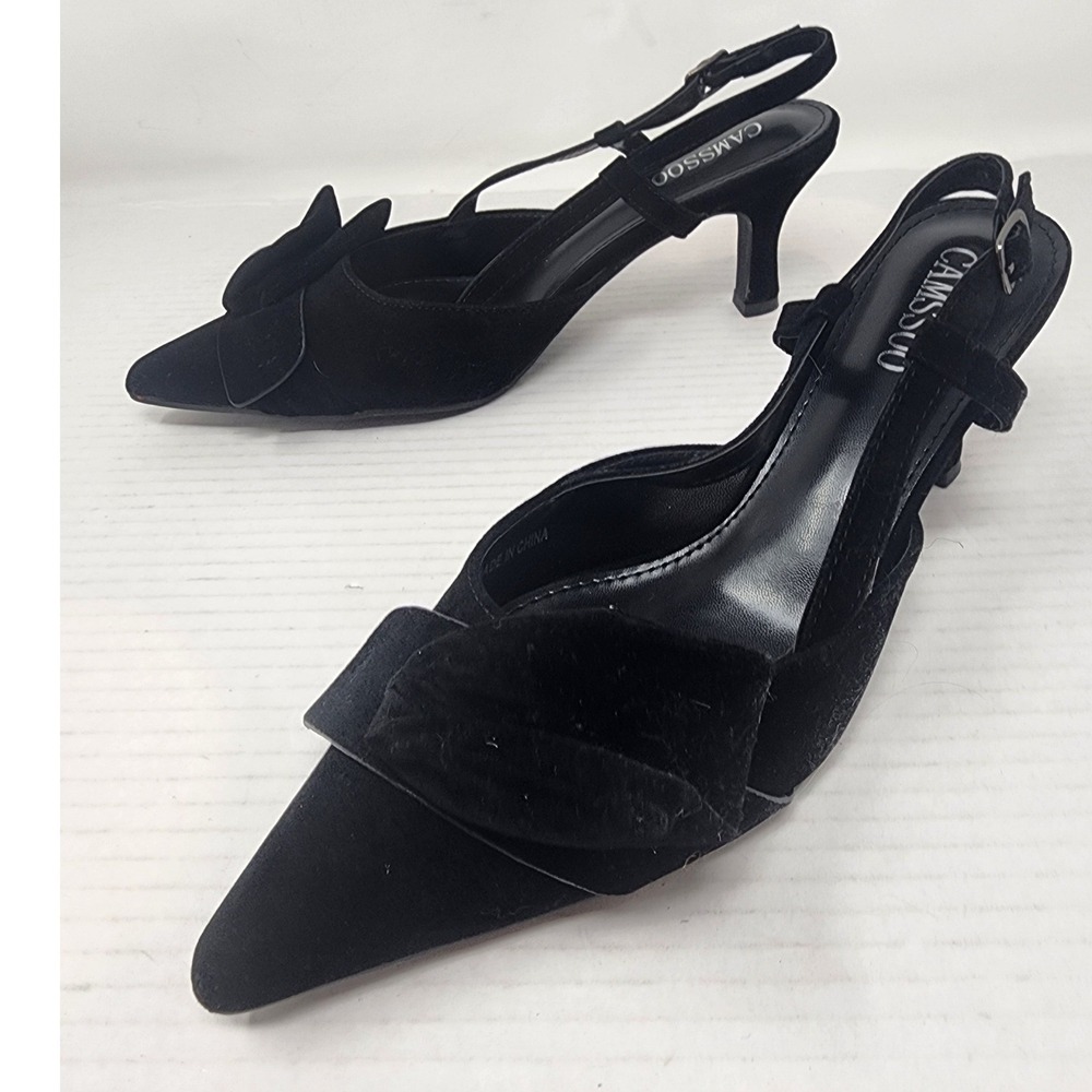 CAMSCOO Black Suede Pointed Toe Slingback Bow Kitten Heels Women Size 7.5 - Picture 9 of 12